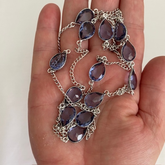 Purple Teardrop Crystal Cabochon Silver Plated Chain Necklace Length 36" - Picture 2 of 5